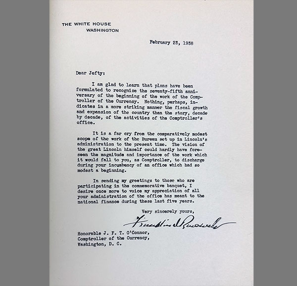 Image of a letter from President Franklin D. Roosevelt commemorating the OCC's 75th anniversary.