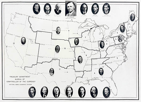Image of a breakdown of the districts and their lead bank examiners under Comptroller James F.T. O'Connor.